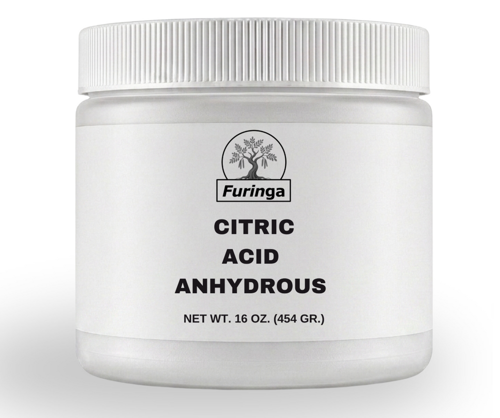 Jar of Furinga Citric Acid Anhydrous on a white background